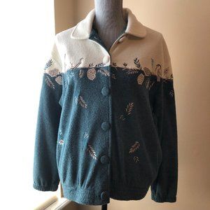 Vintage Teddi White/Teal Colorblock Embroidered Bird Button Jacket